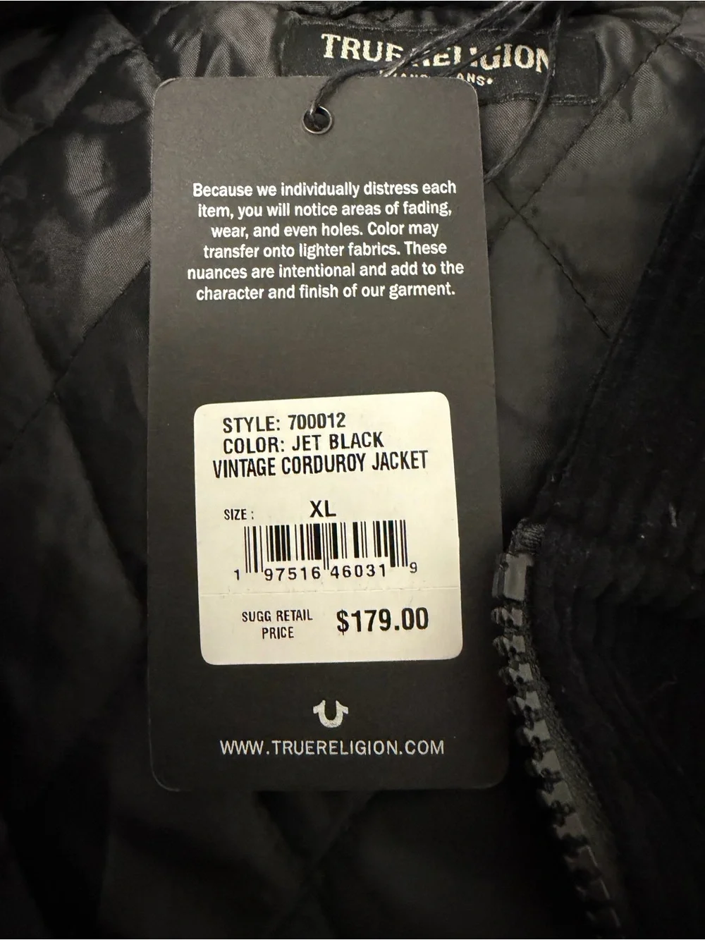 True Religion Black Corduroy Hooded Zip-Up Jacket